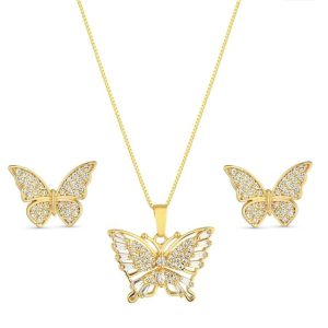 Conjunto Minimalista Dourado com Colar, Pulseira, Anel e Brincos